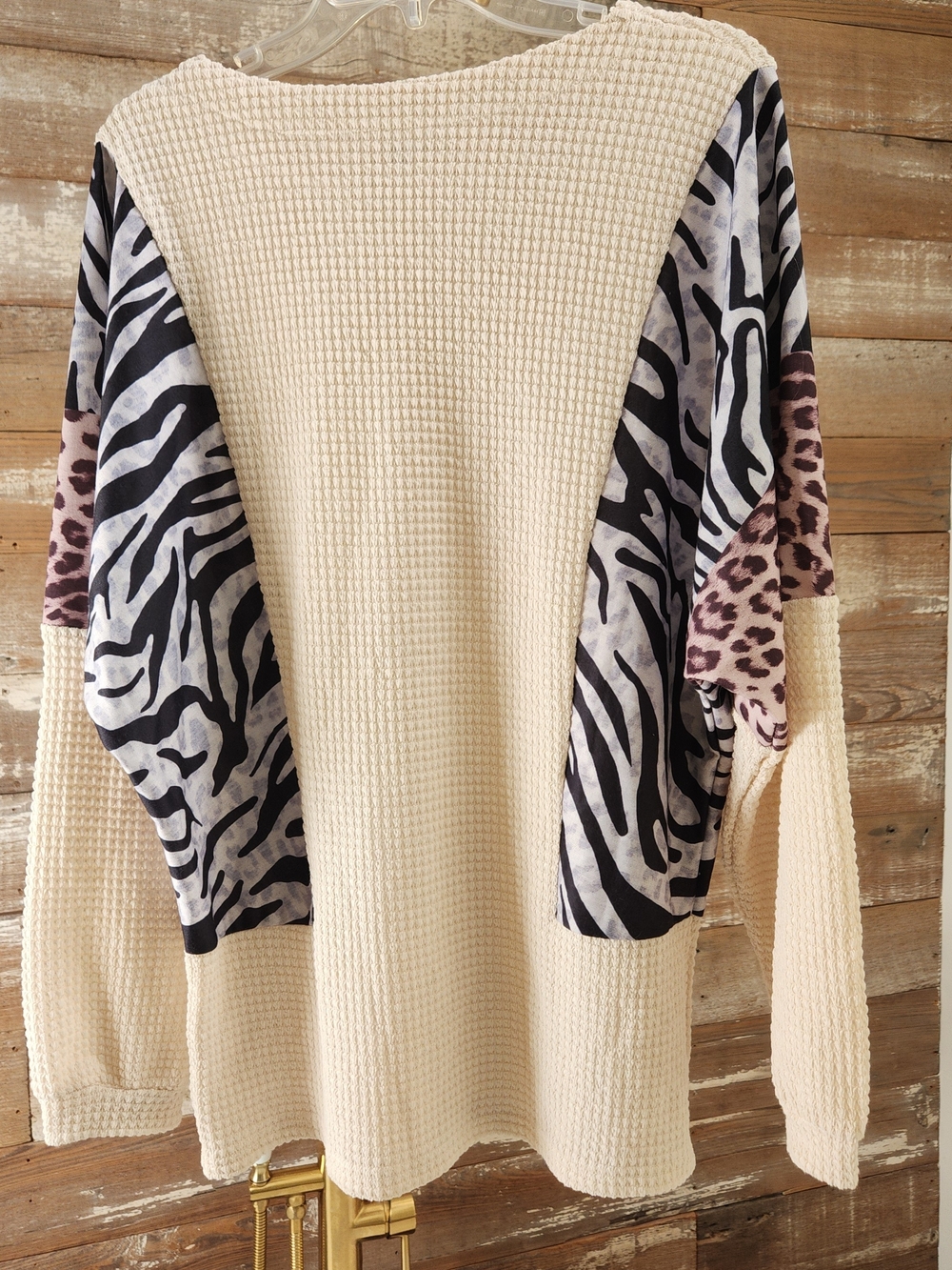 Cream Waffle-Knit Sweater with Zebra & Leopard Sleeve Panels